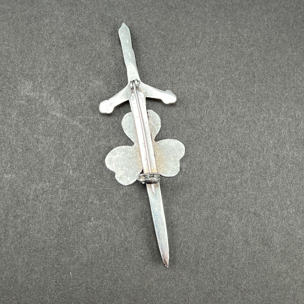 Kilt Pin Irish Shamrock Sword Brooch Silver Tone Celtic Medieval - Picture 4 of 7